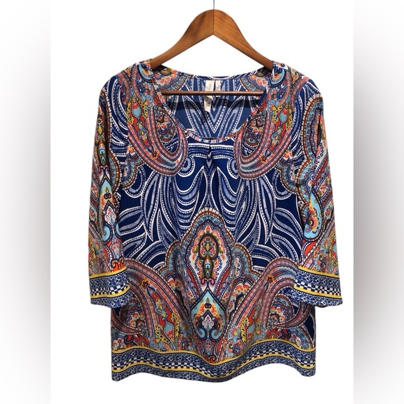 Pink Owl Large Blue Multicolor Abstract Artsy Boho Blouse One Pleat Bell Sleeves - Picture 1 of 6